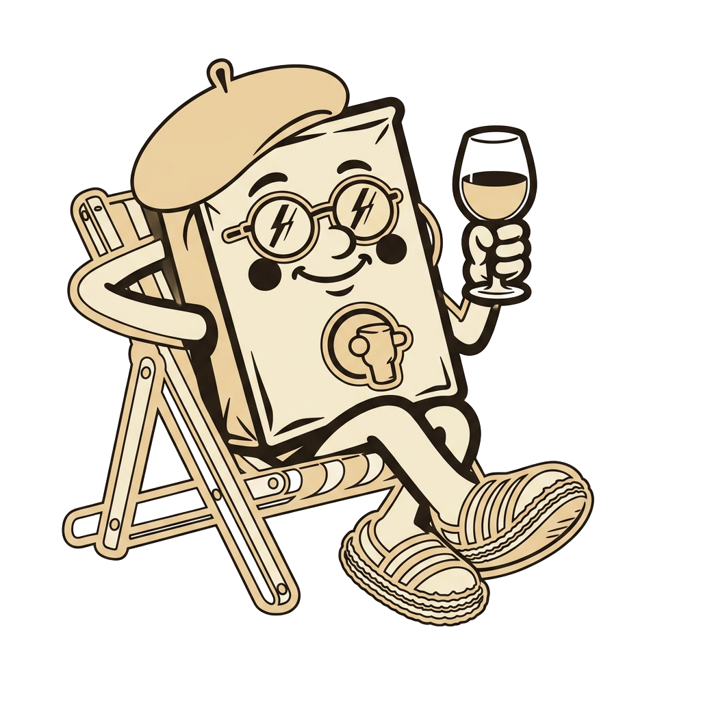 Marcel — Sac au Vin's mascot, a wine bag in a beret and sunglasses